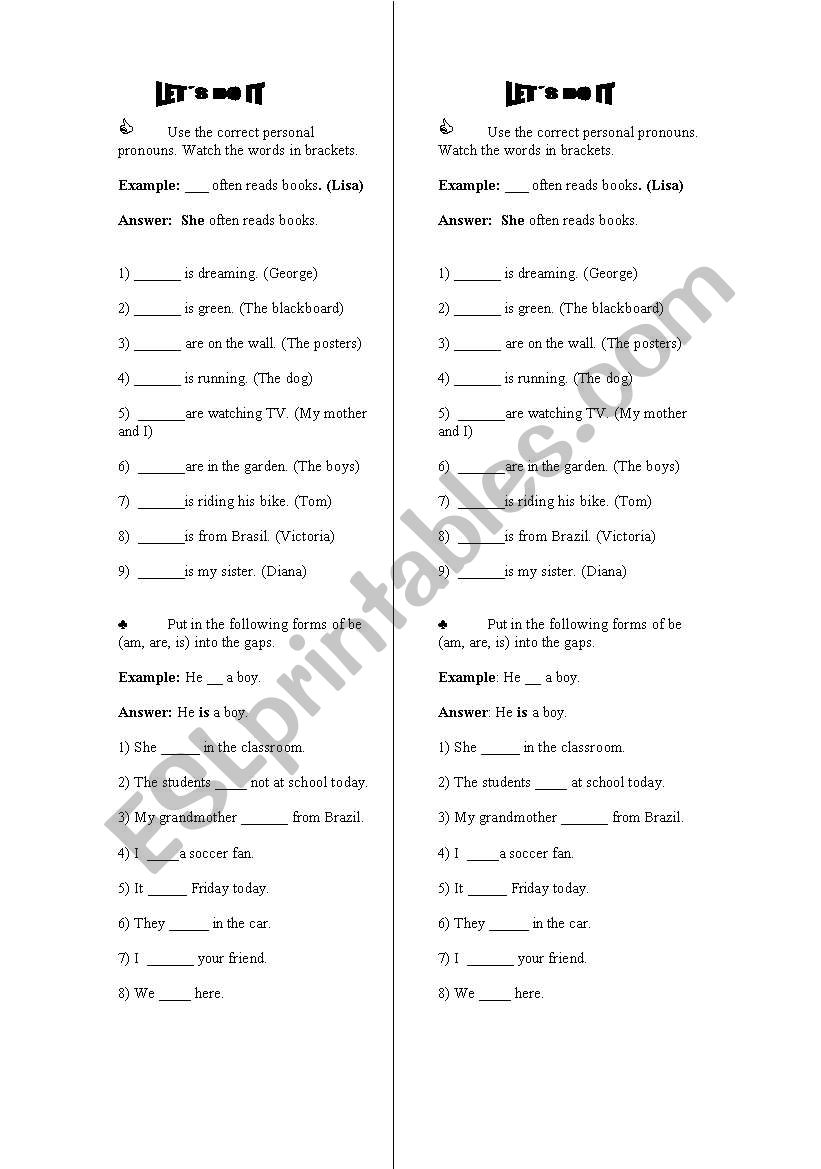 pronouns and verb to be  worksheet