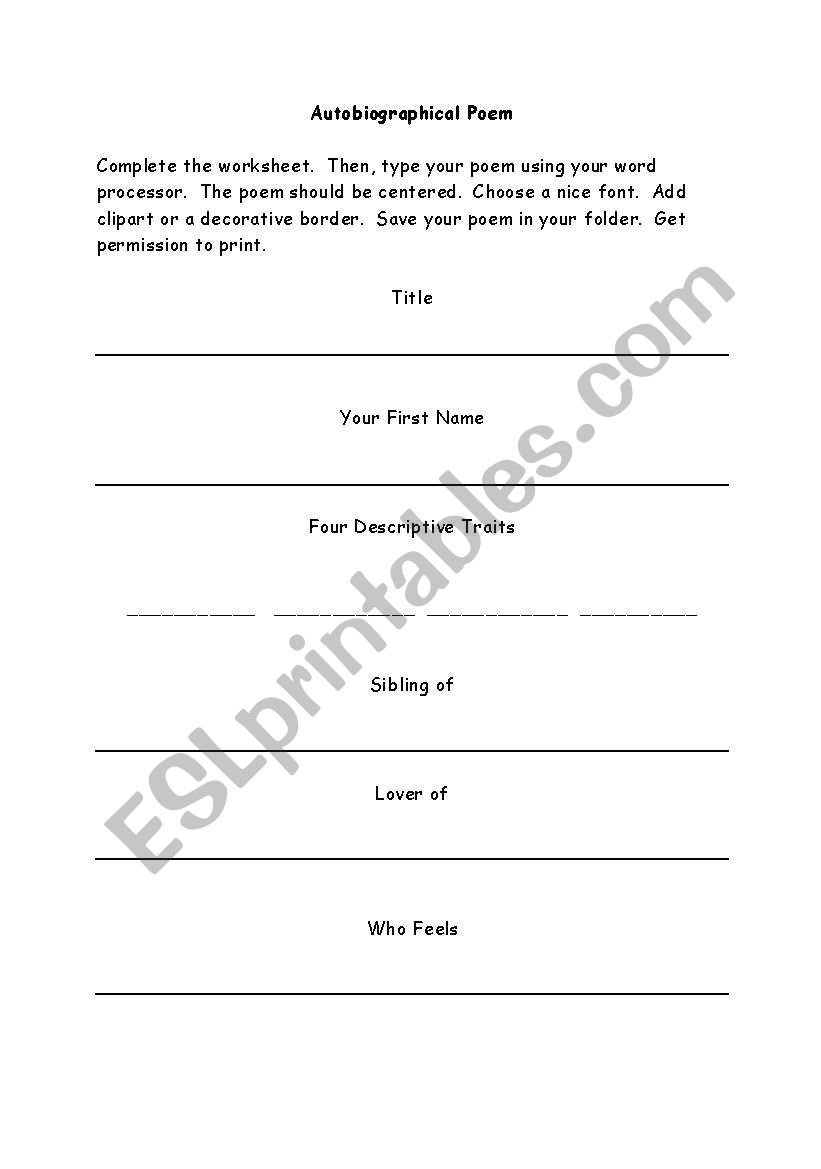 Autobiography Poem worksheet