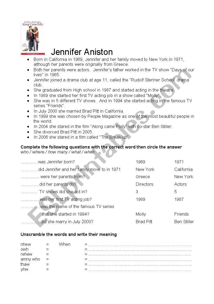 Jennifer Aniston fact file worksheet