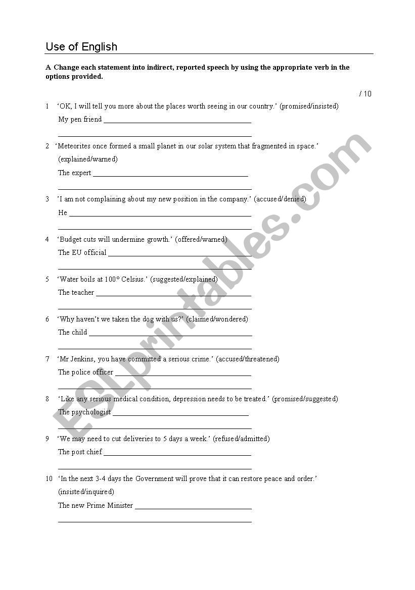 Exercise on Reported Speech + Key