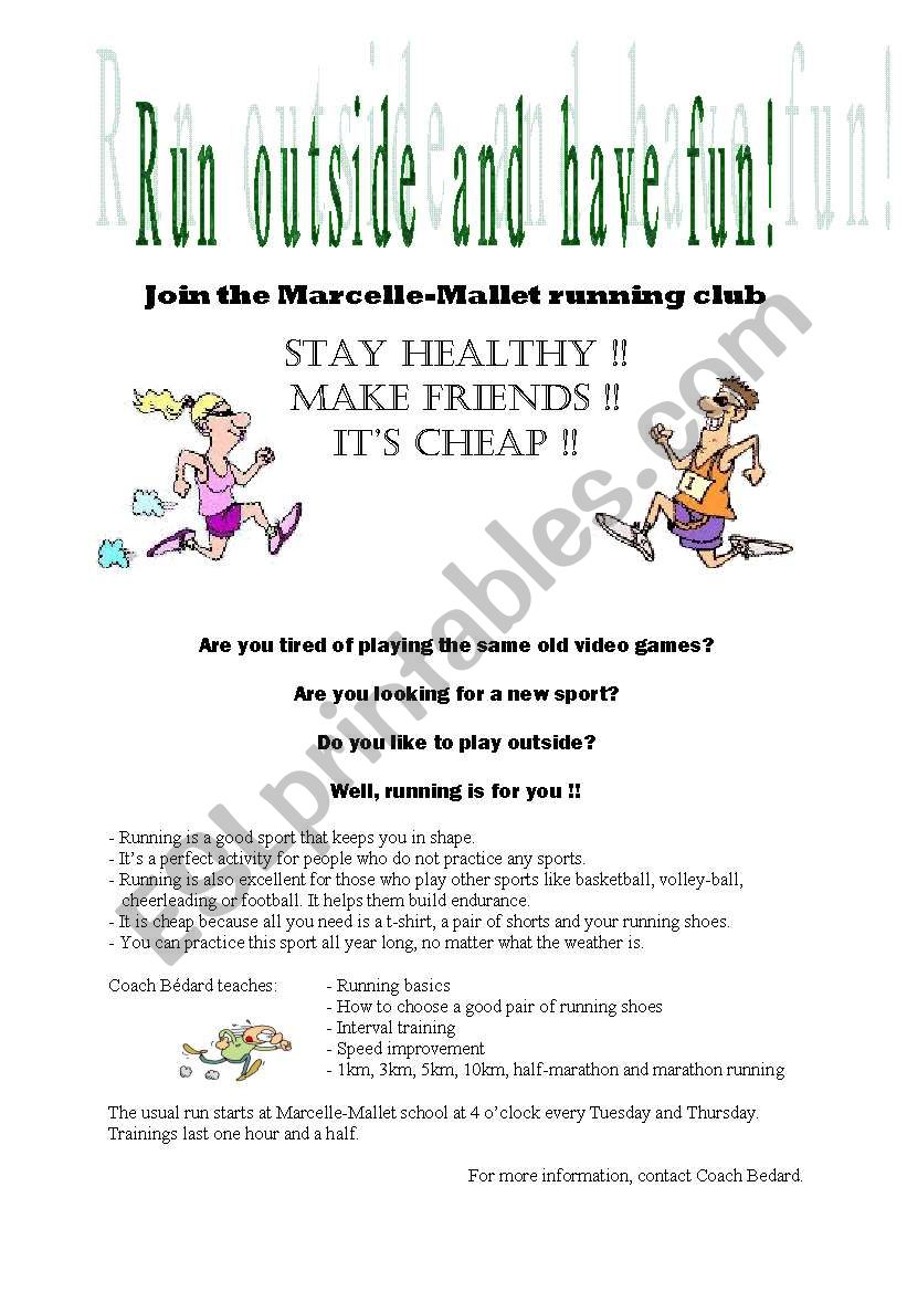 Running Club pamphlet worksheet