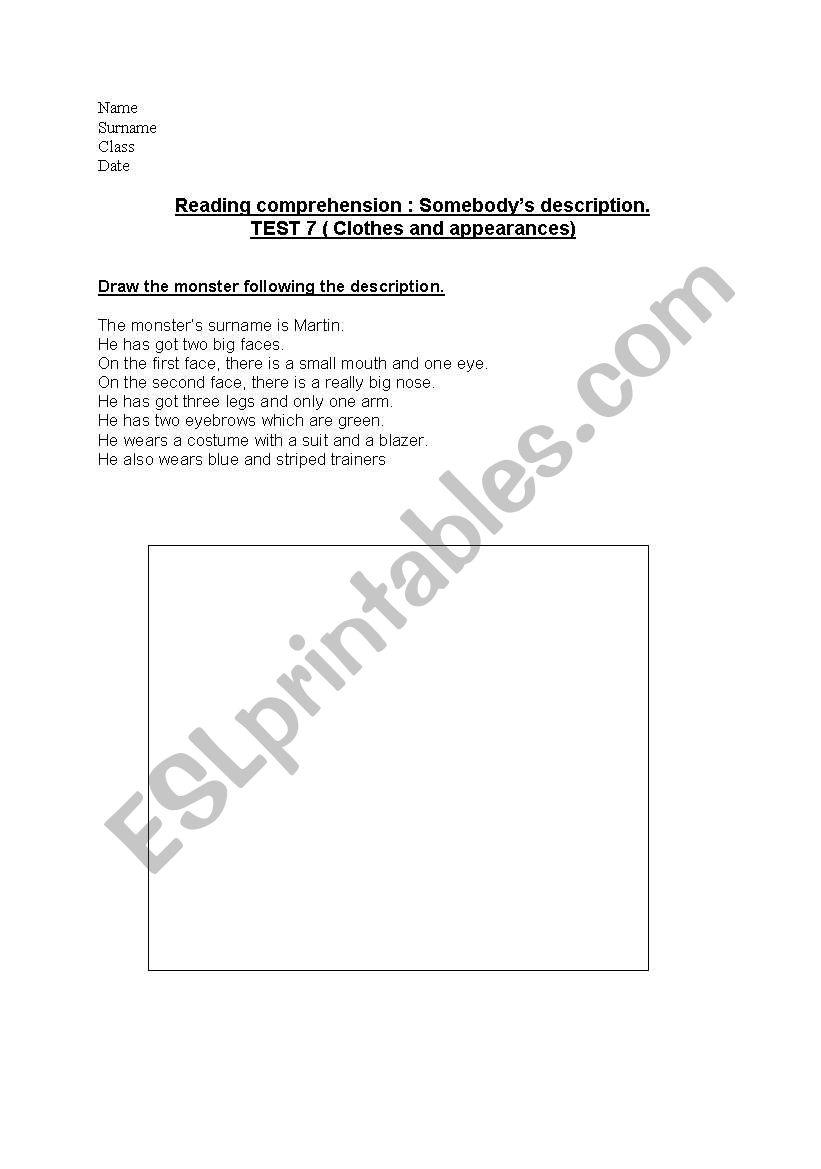 The monsters body worksheet