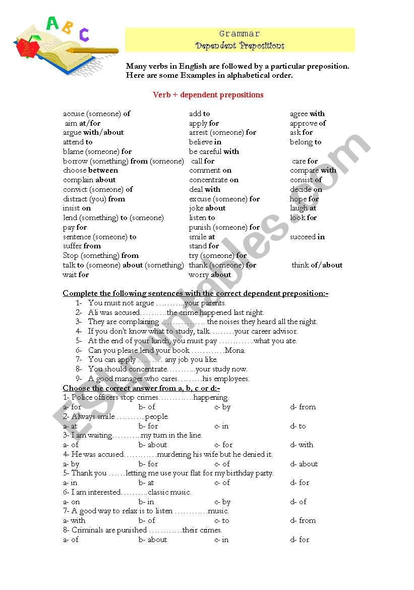 Dependent Prepositions worksheet