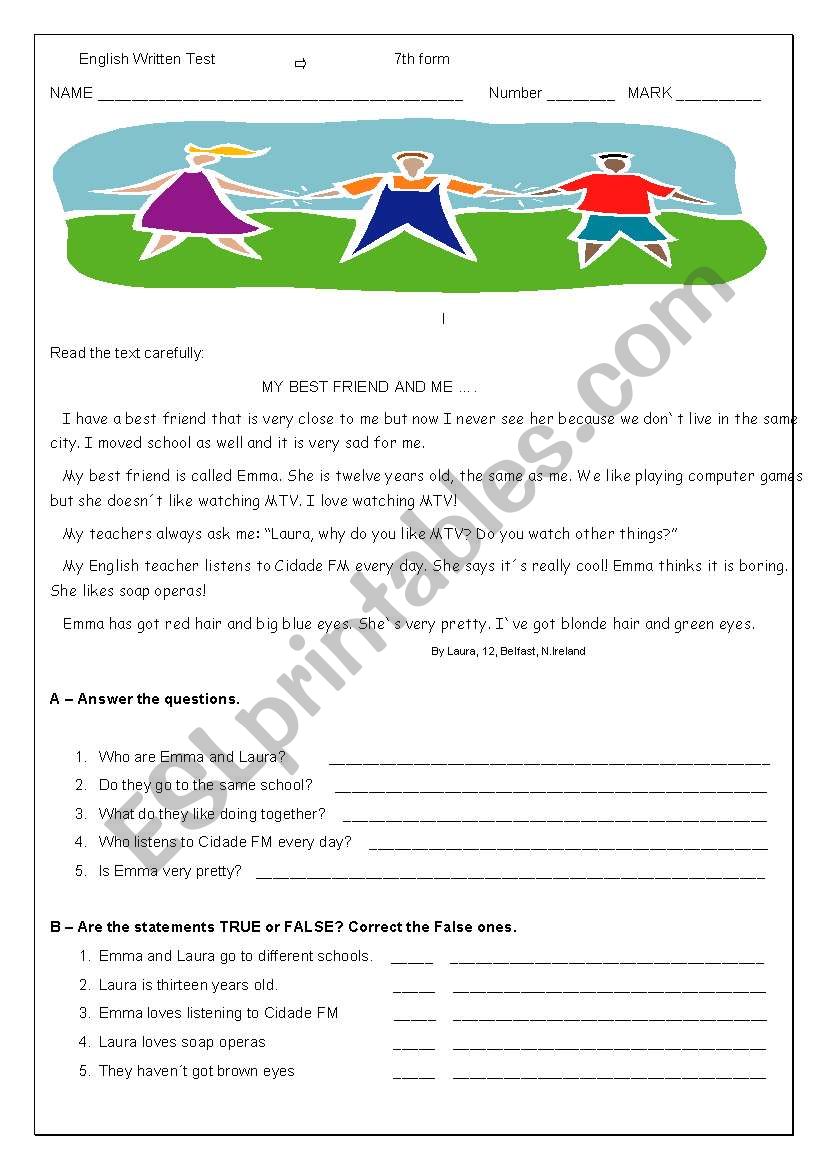 Reading Comprehension test worksheet