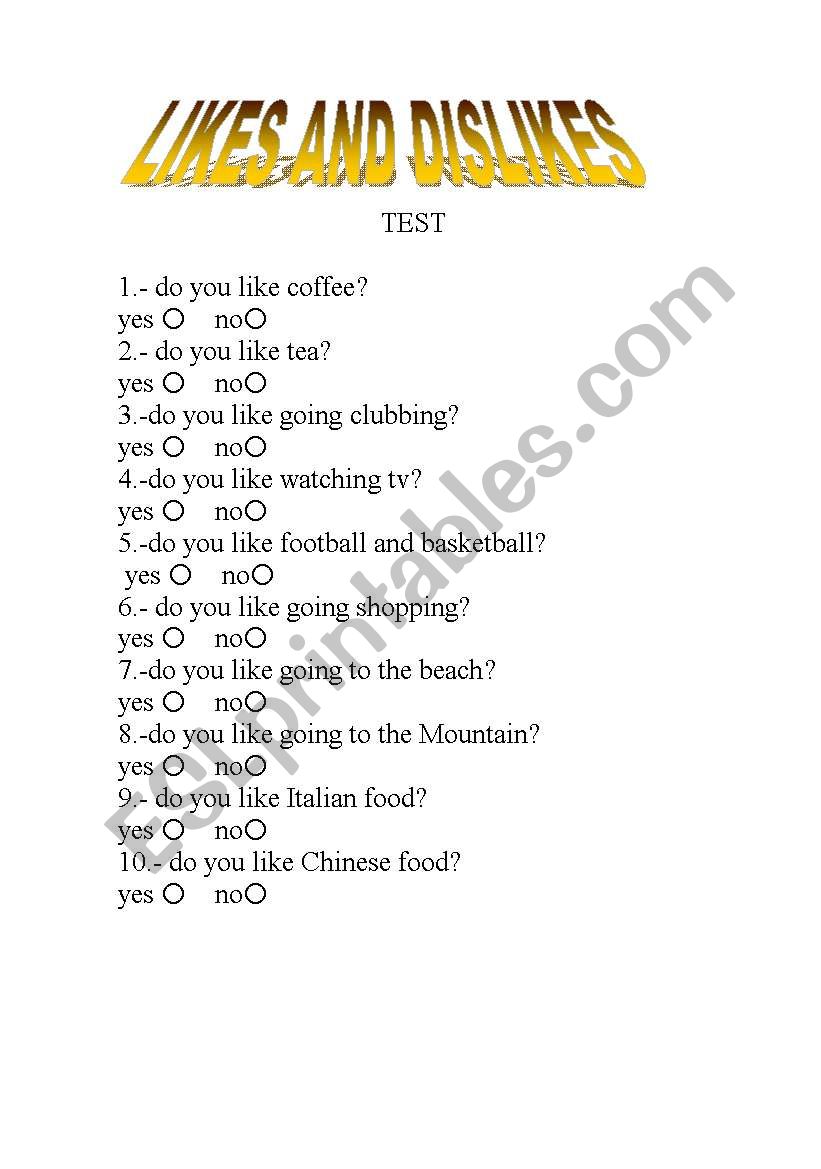 likes and dislikes quiz worksheet