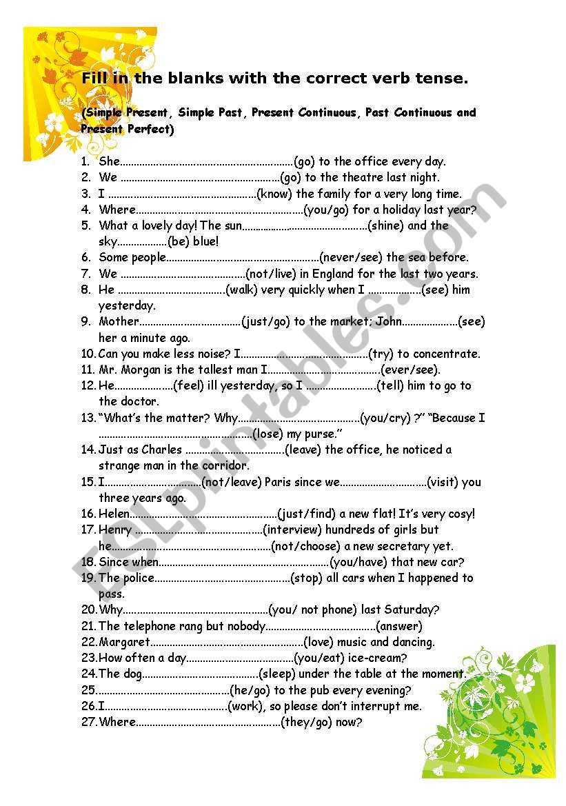 MIXED VERB TENSES worksheet