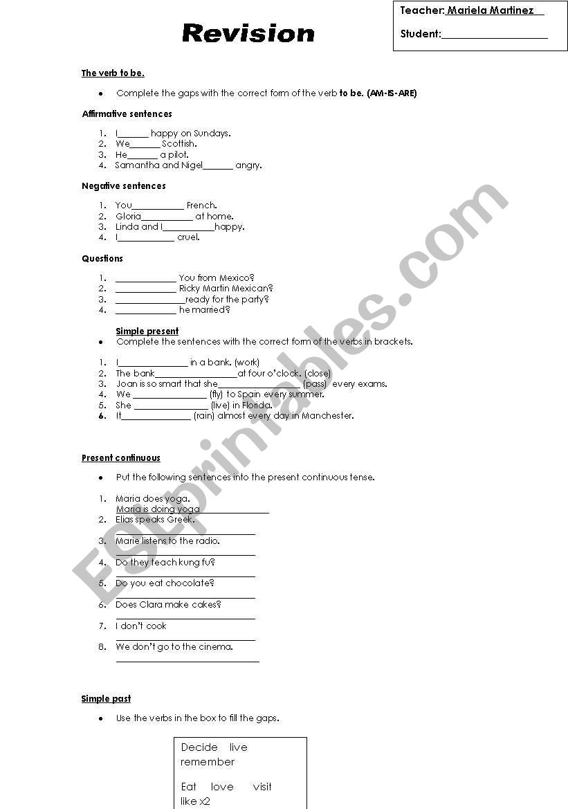 the verbs revision worksheet