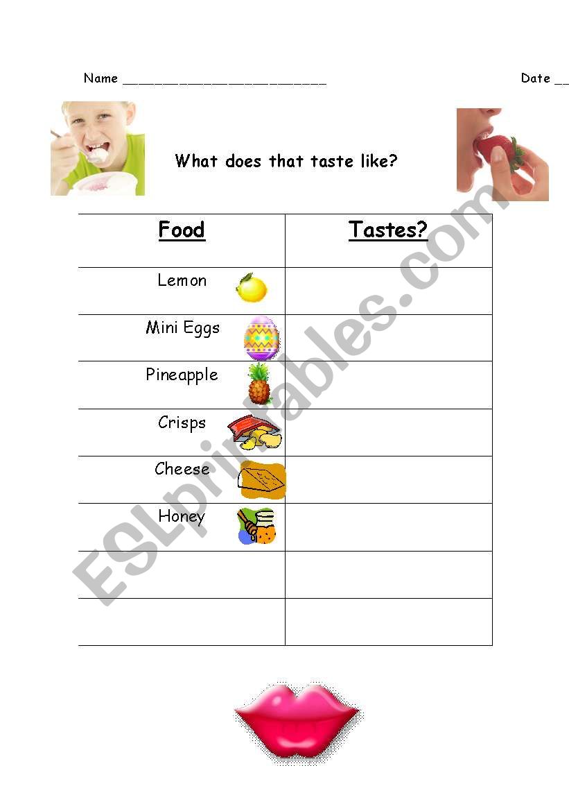 Tasting sheet for senses workshops; taste