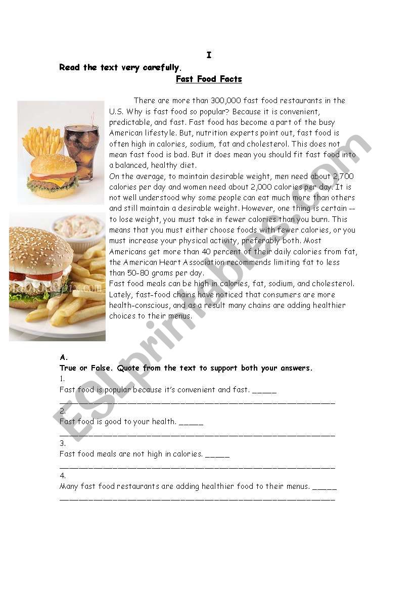 Food test worksheet