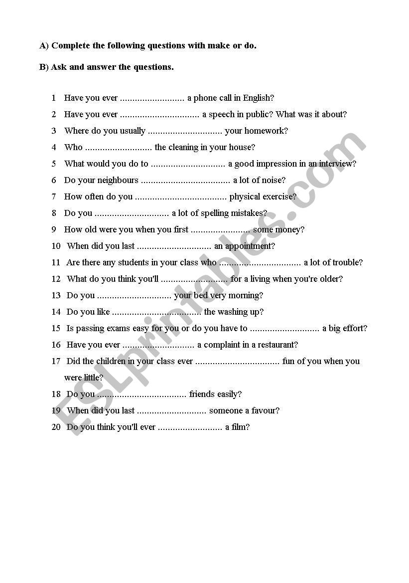 do or make  questions worksheet