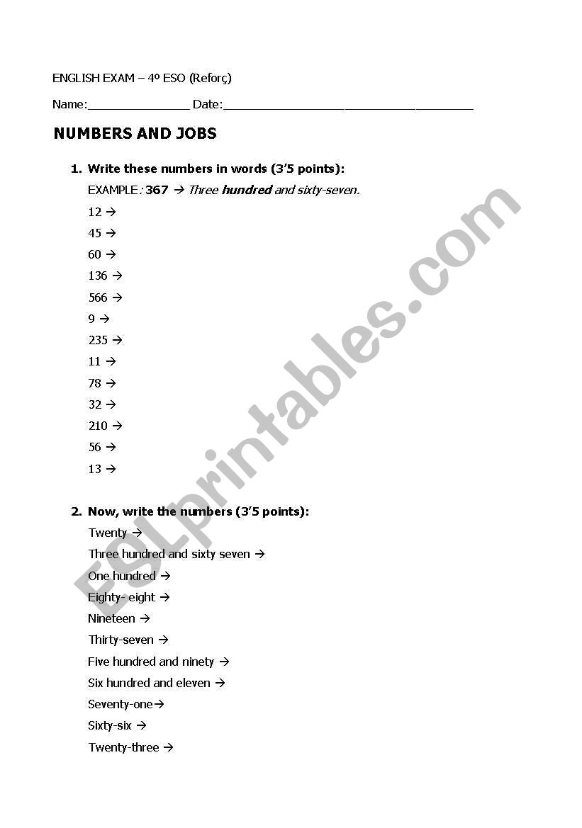 Numbers and Jobs english test worksheet