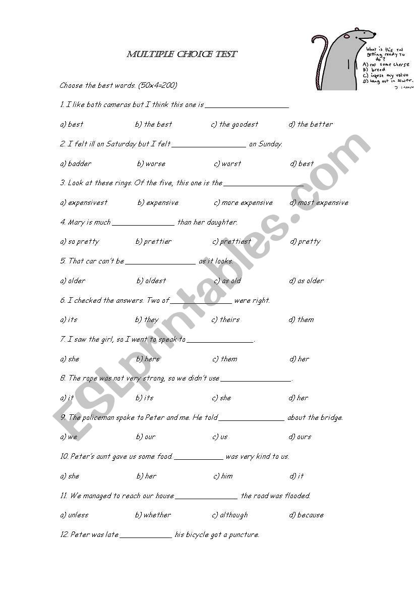 Multiple choice test worksheet