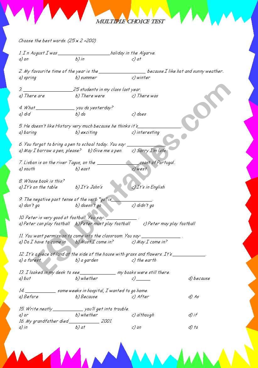 Multiple choice test worksheet