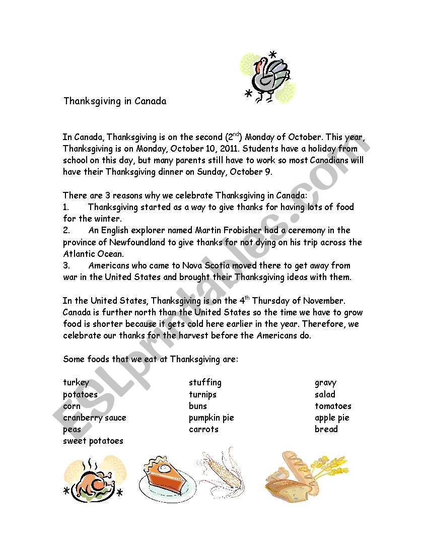 Thanksgiving in Canada worksheet