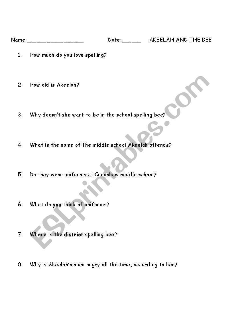 Akeelah and the Bee worksheet