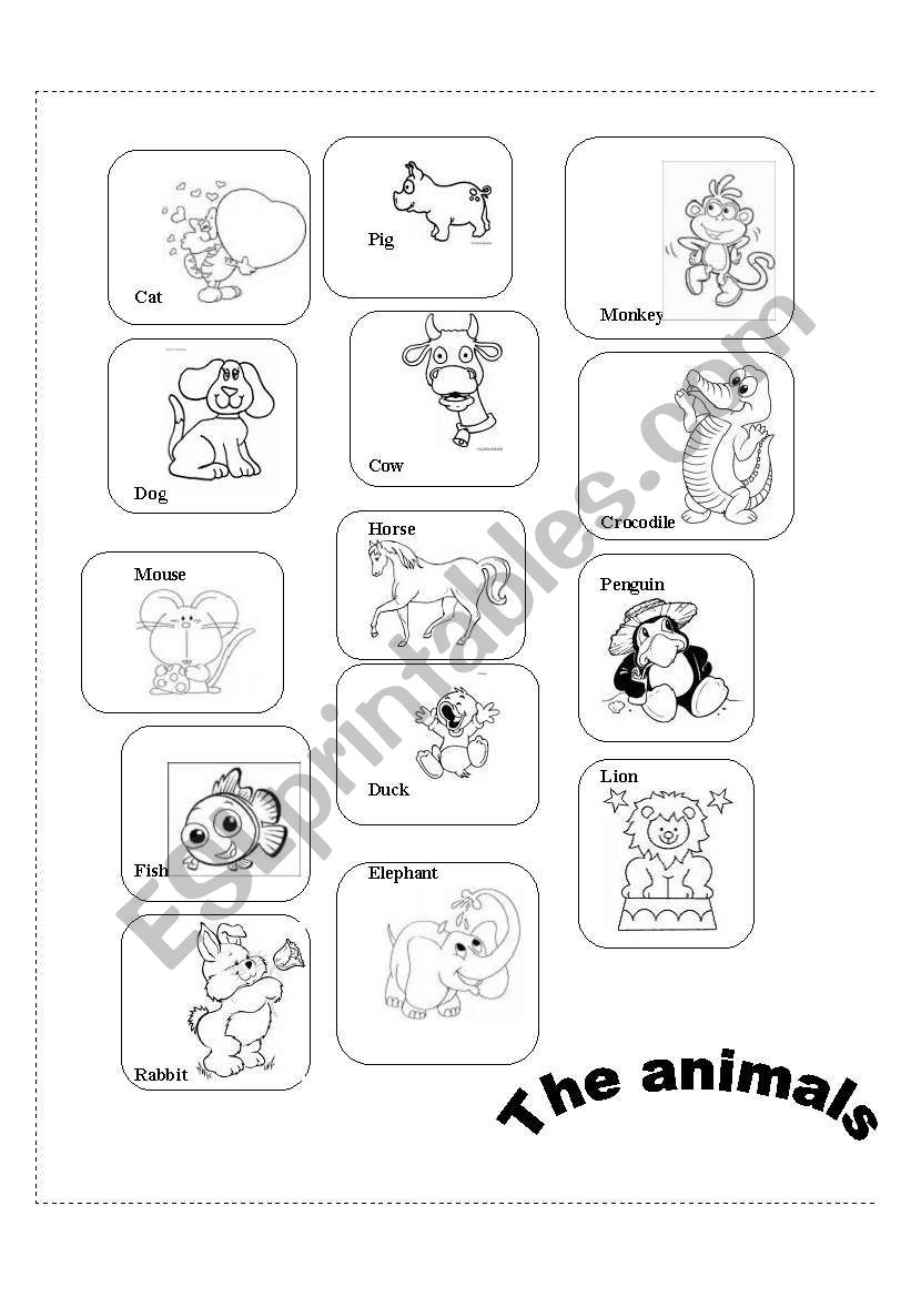 The animals, flashcards to colour 