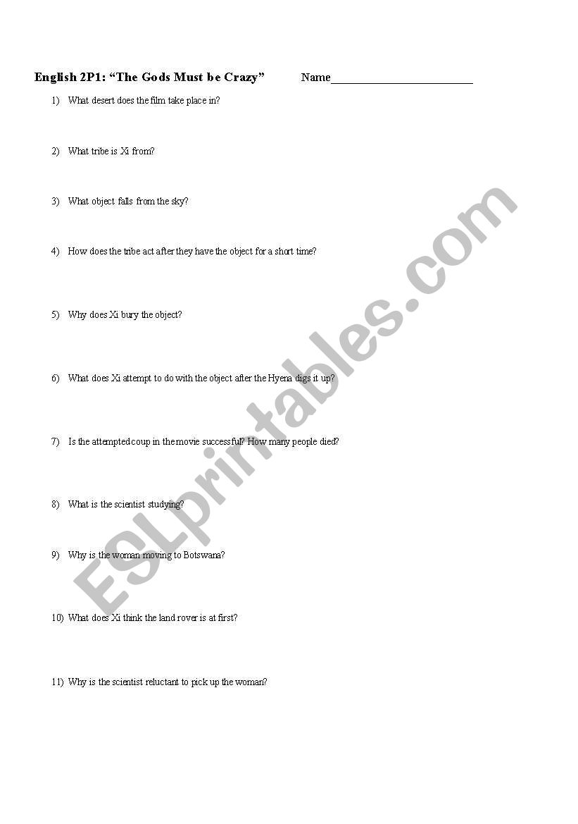 The Gods Must be Crazy worksheet