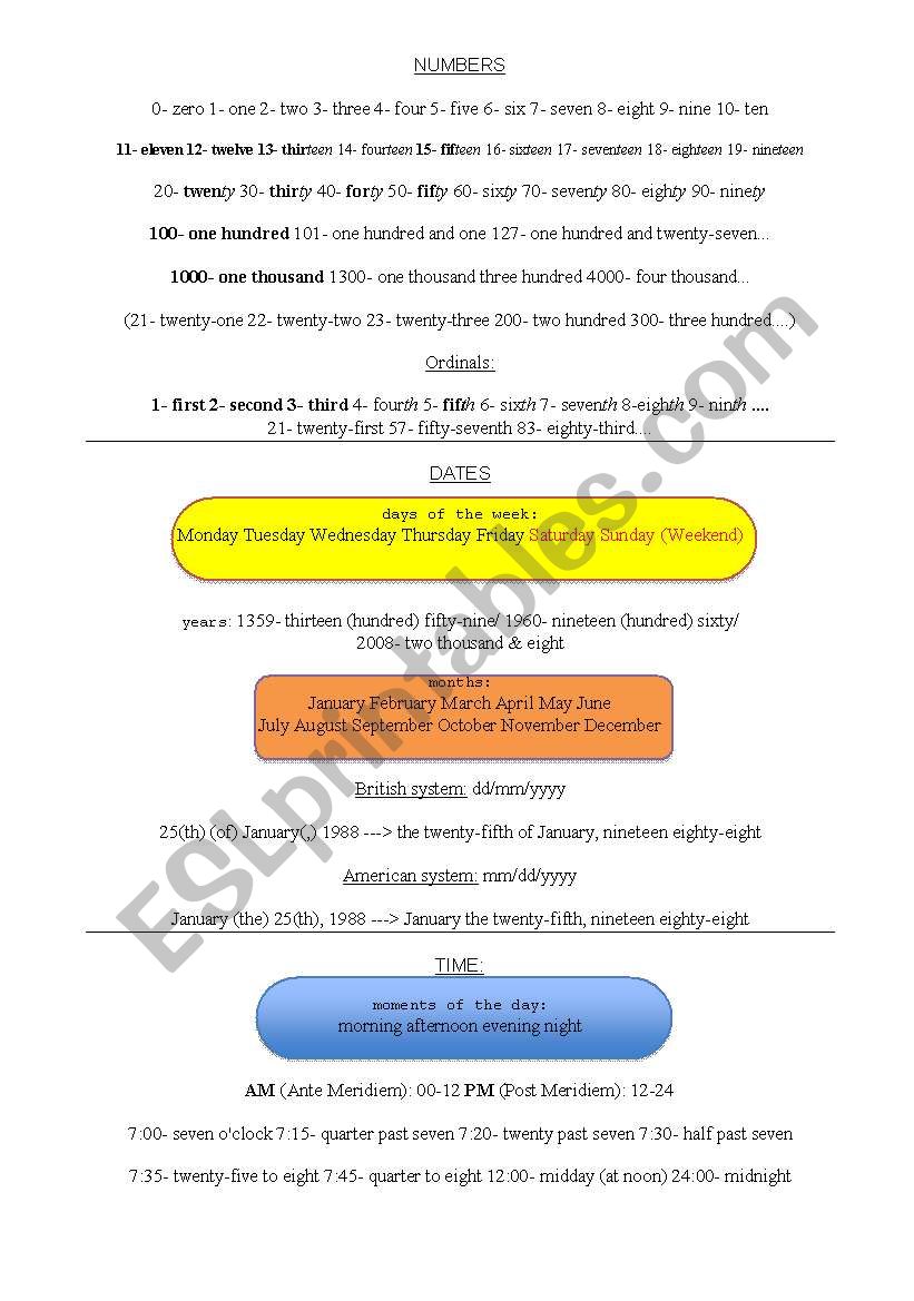 Numbers, dates and time worksheet