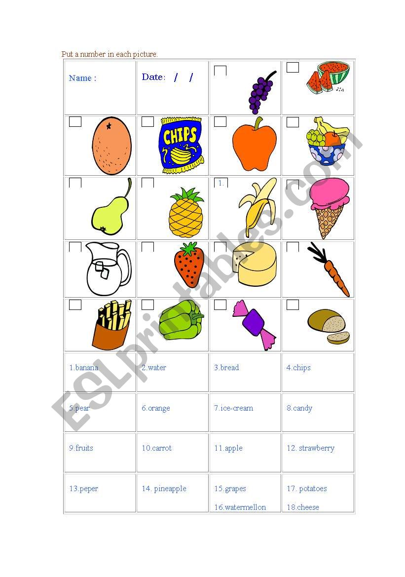 food and fruits  worksheet