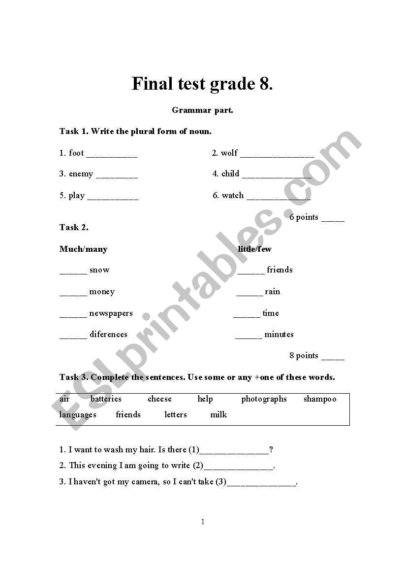 Final test grade 8 worksheet