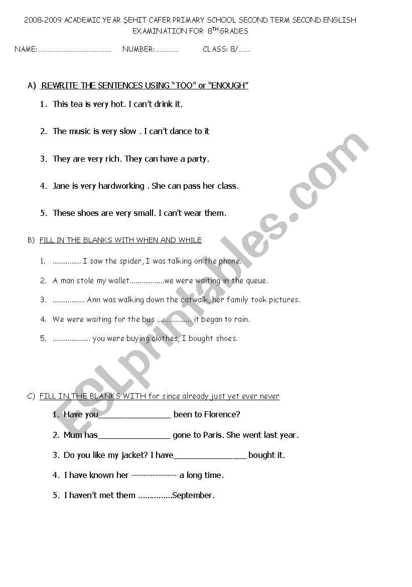 8th grade examination worksheet