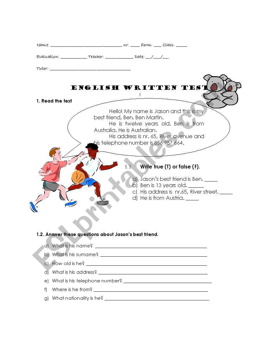 5th grade written test worksheet