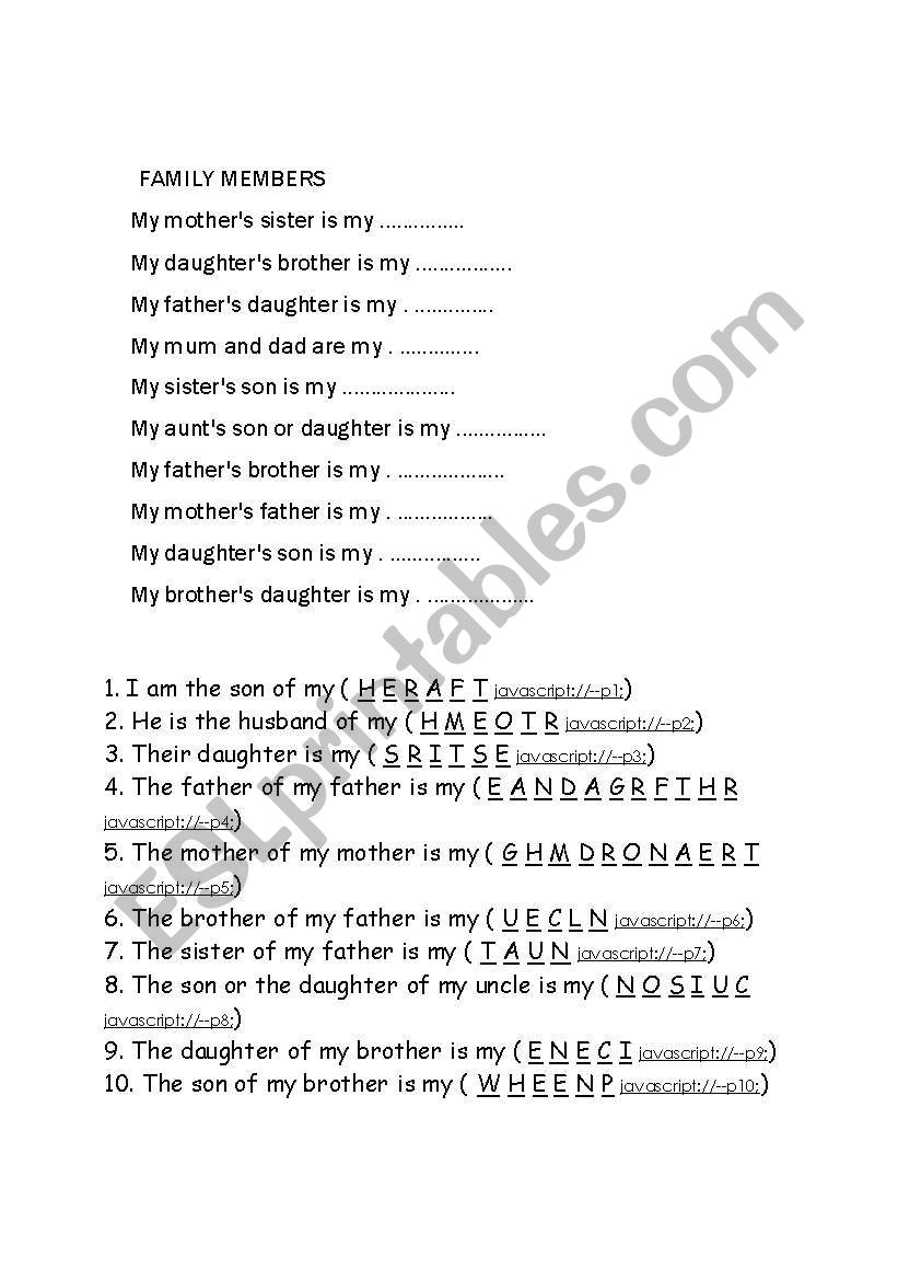 family worksheet worksheet