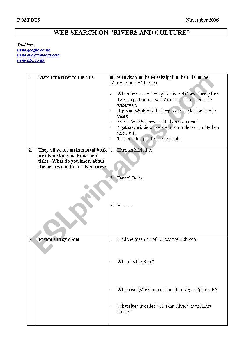 Rivers and culture worksheet