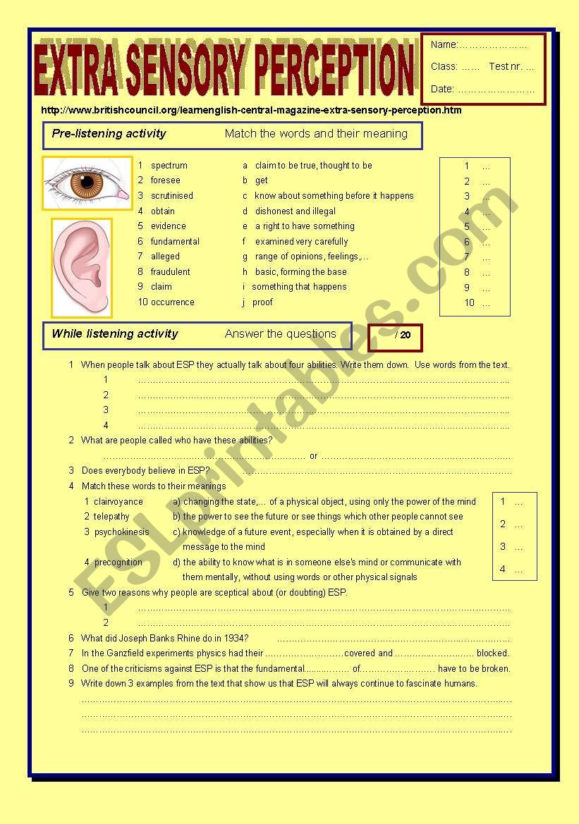 Listening and speaking activity:  extra sensory perception