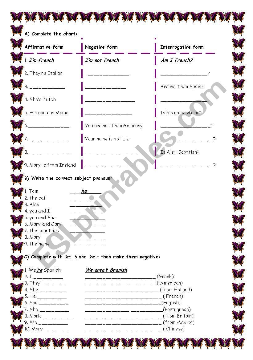 to be - subject pronouns worksheet