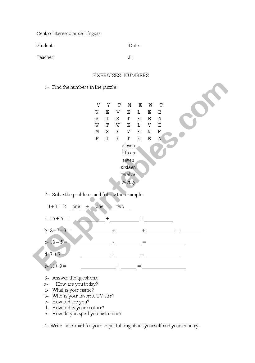 numbers worksheet