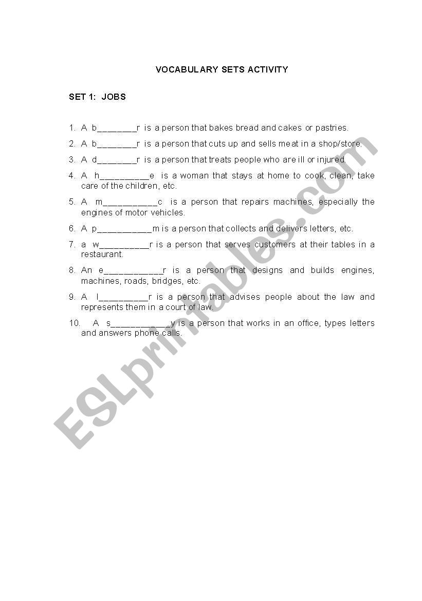 vocabulary set worksheet