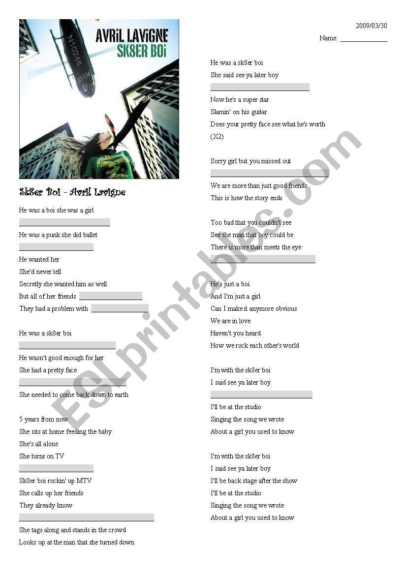 sk8er boi by Avril Lavigne worksheet