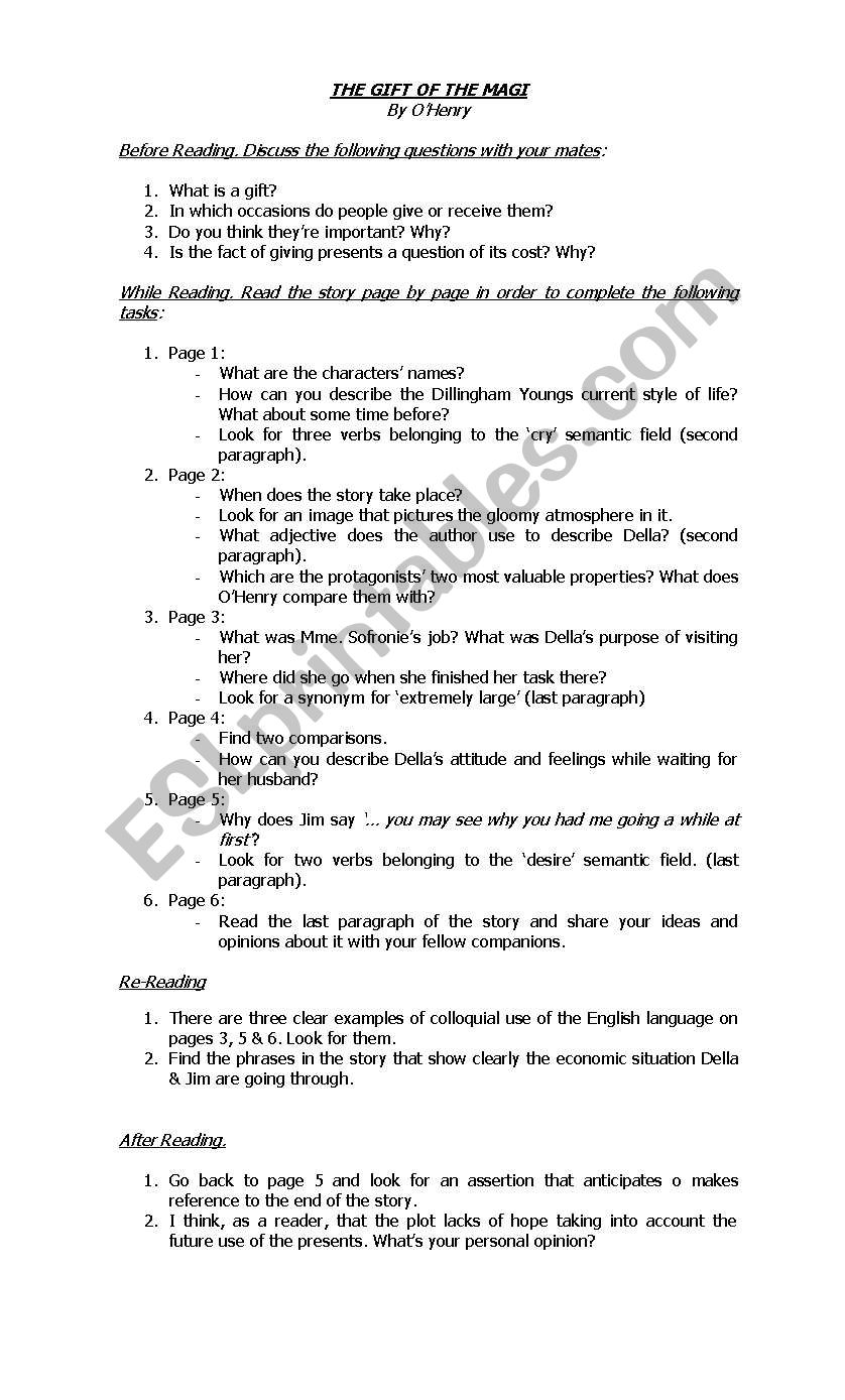 The Gift of the Magi worksheet