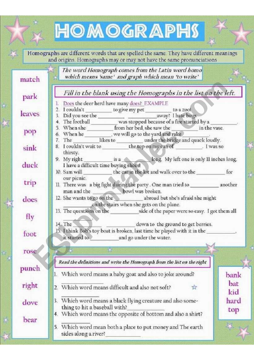 HOMOGRAPHS  worksheet