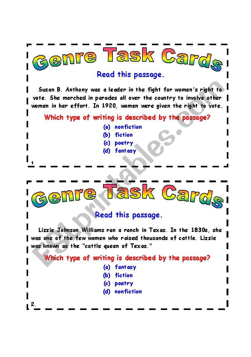 Genre Task Cards  worksheet