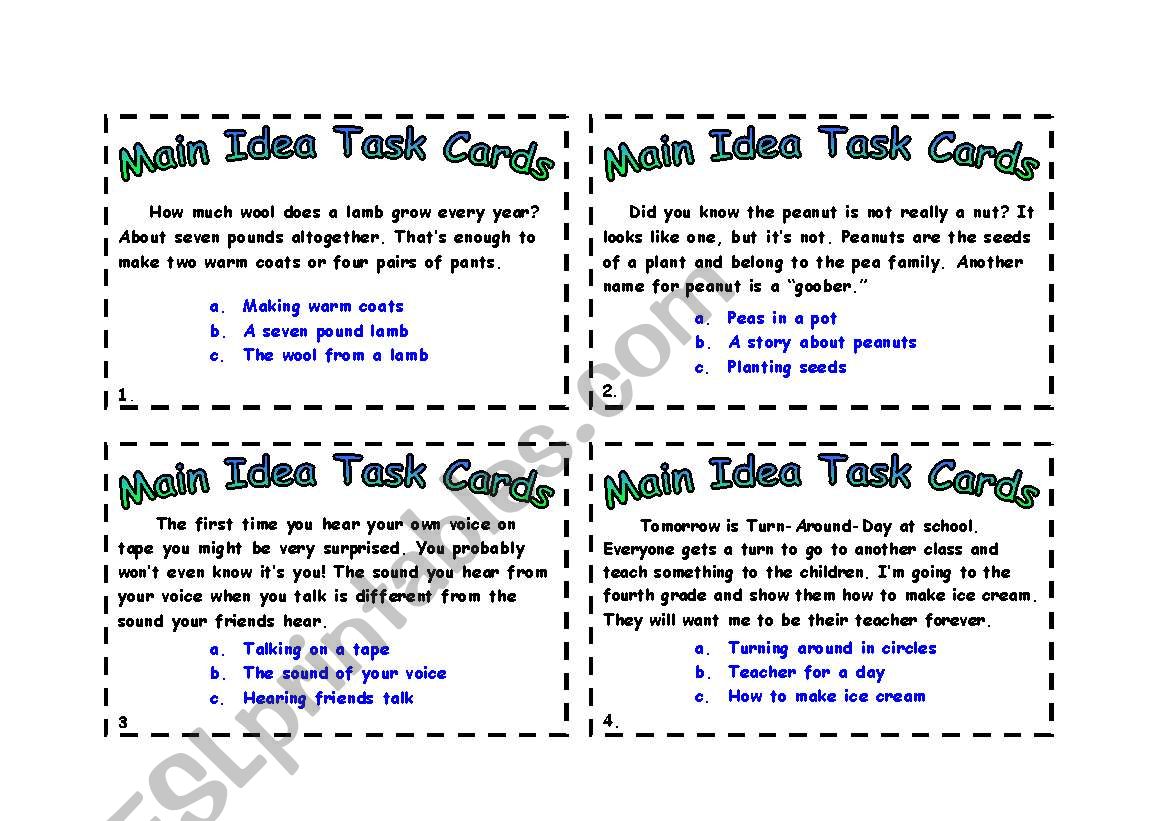 Main Idea Task Cards  worksheet