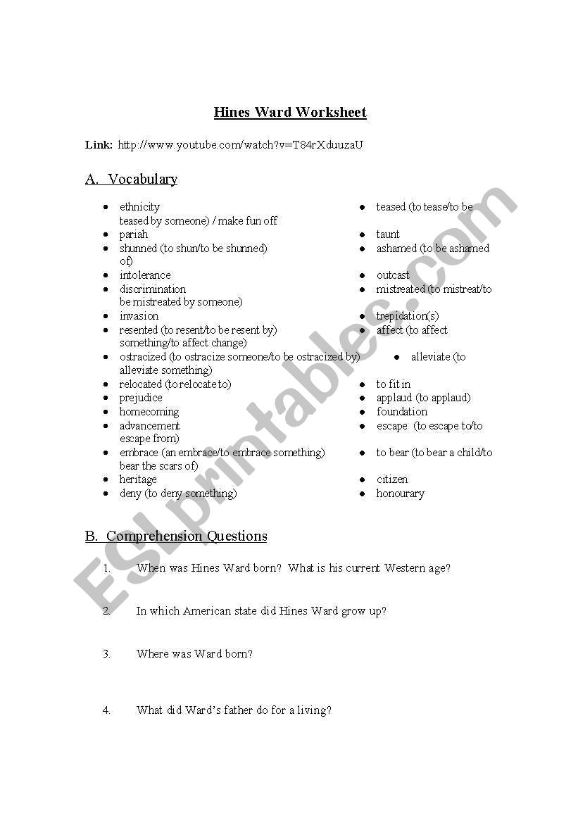 Hines Ward worksheet