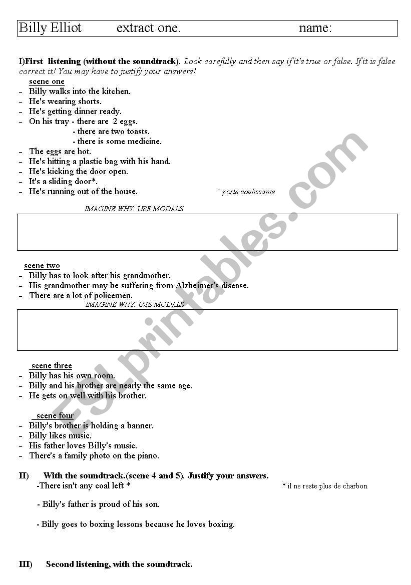 billy elliot extract one worksheet