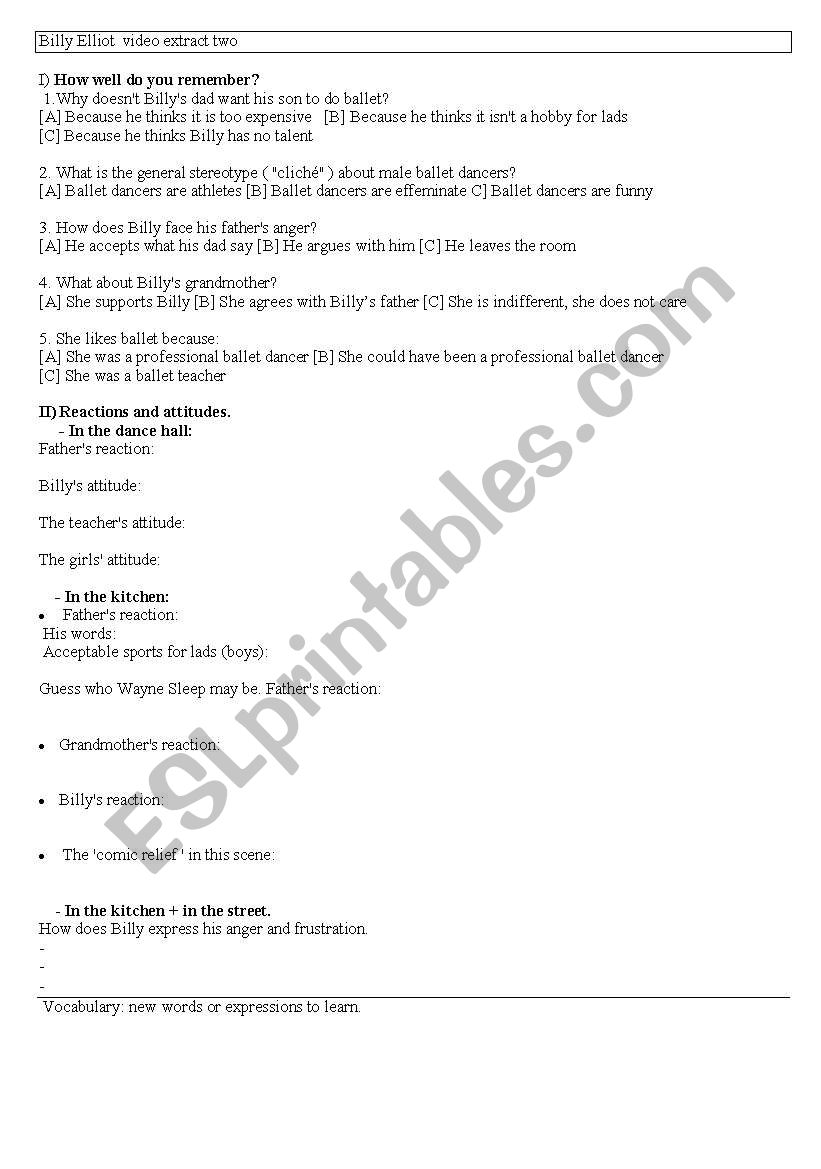 billy elliot extract two worksheet