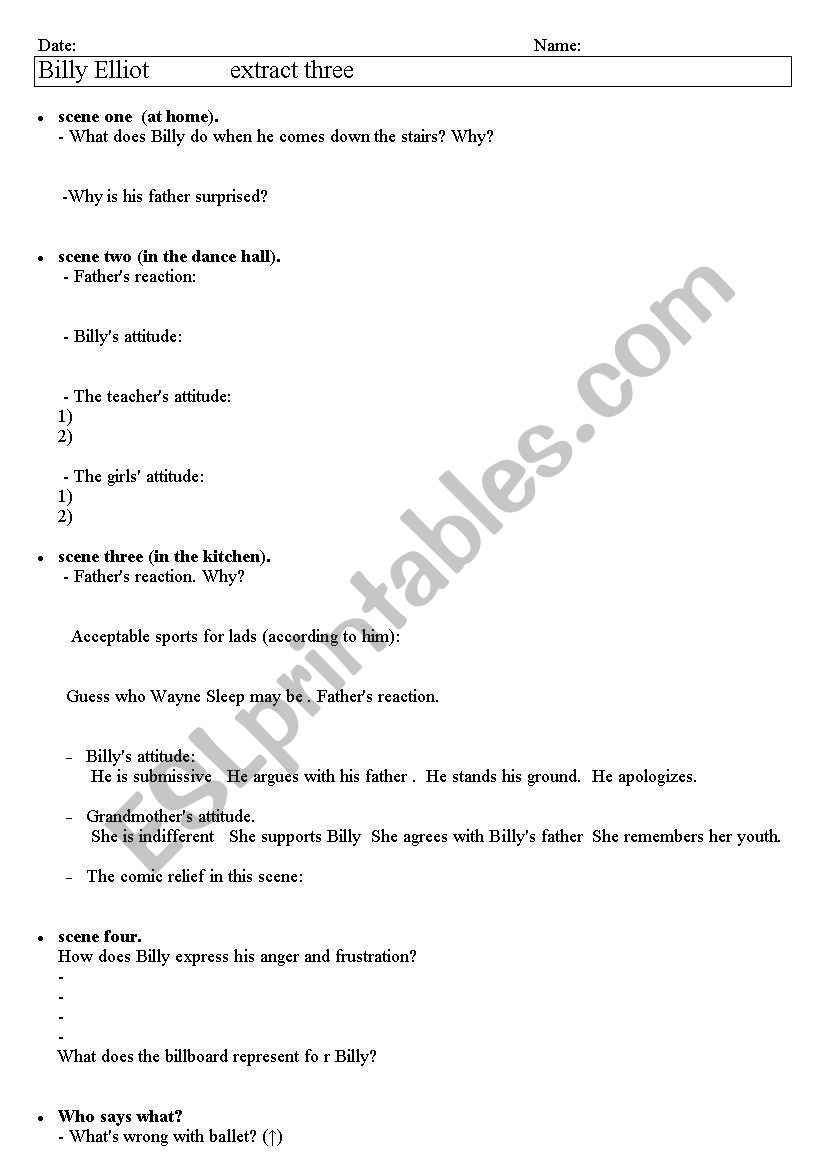 billy elliot extract three worksheet