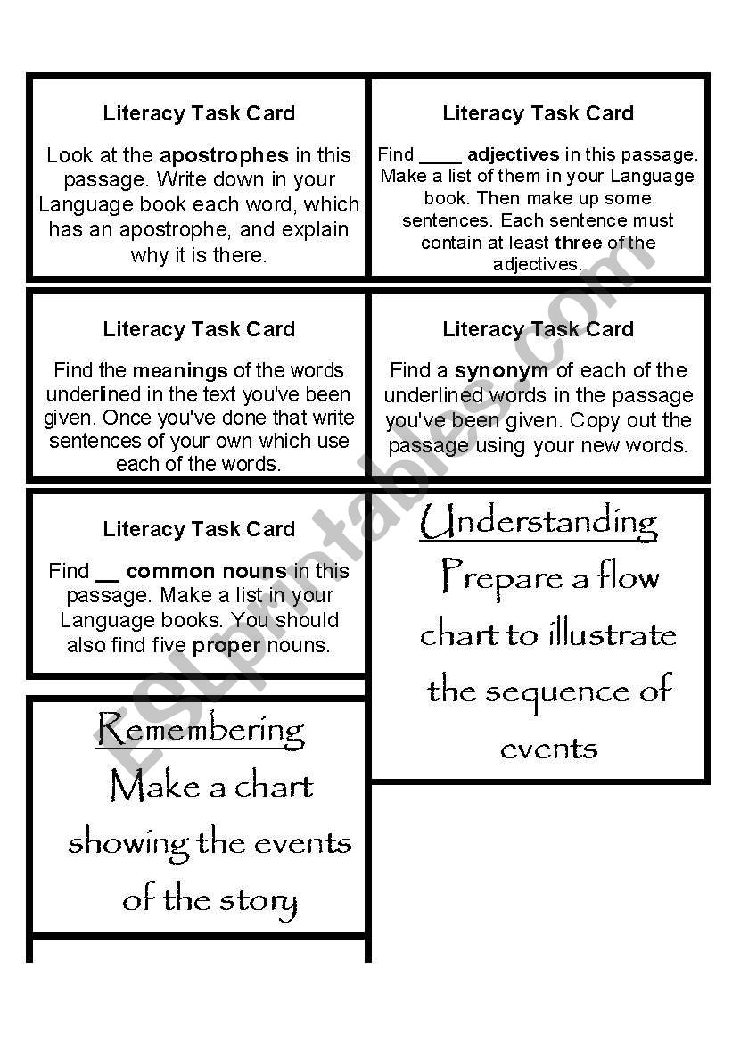 Reading task Card worksheet