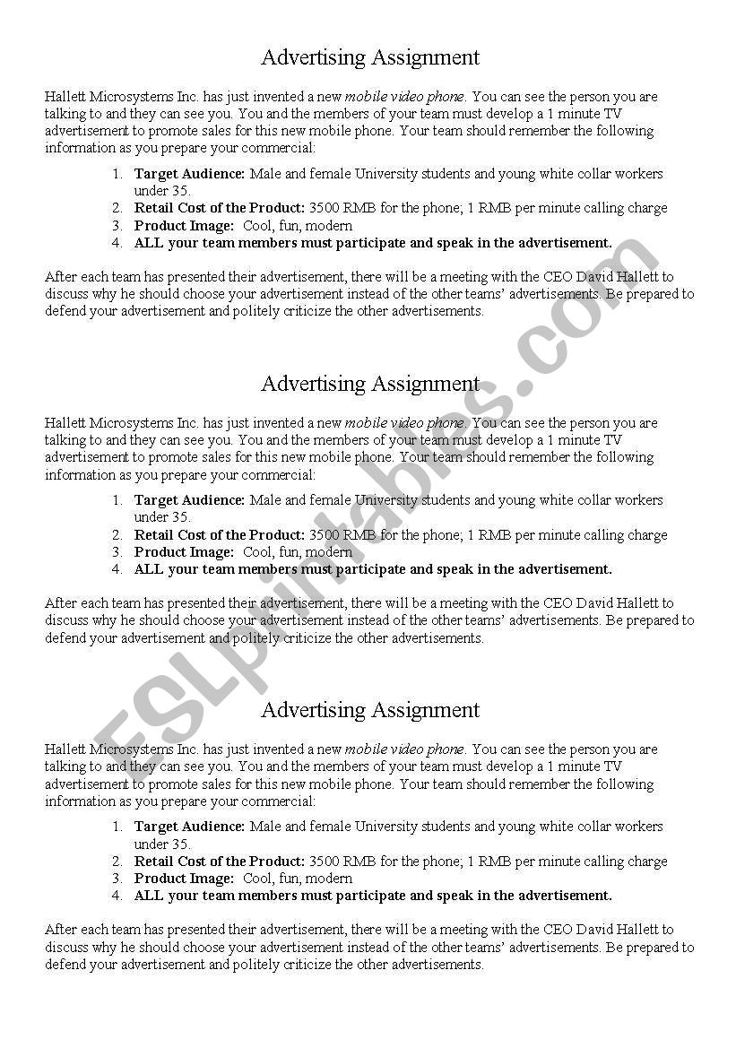 TV Advertisement Assignment worksheet