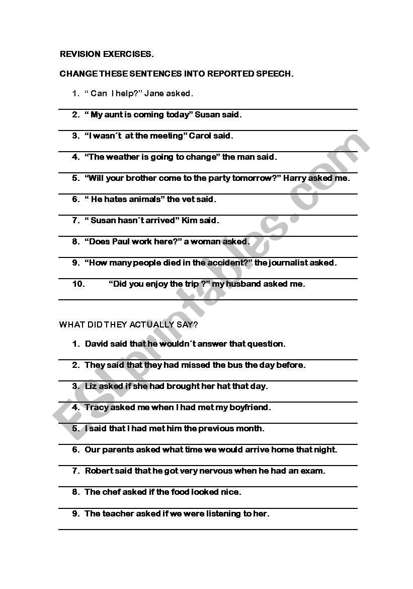 reported speech worksheet