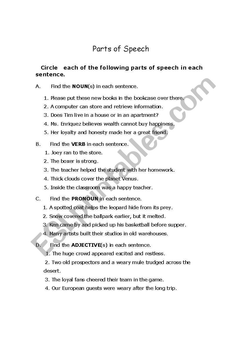 parts of speech worksheet