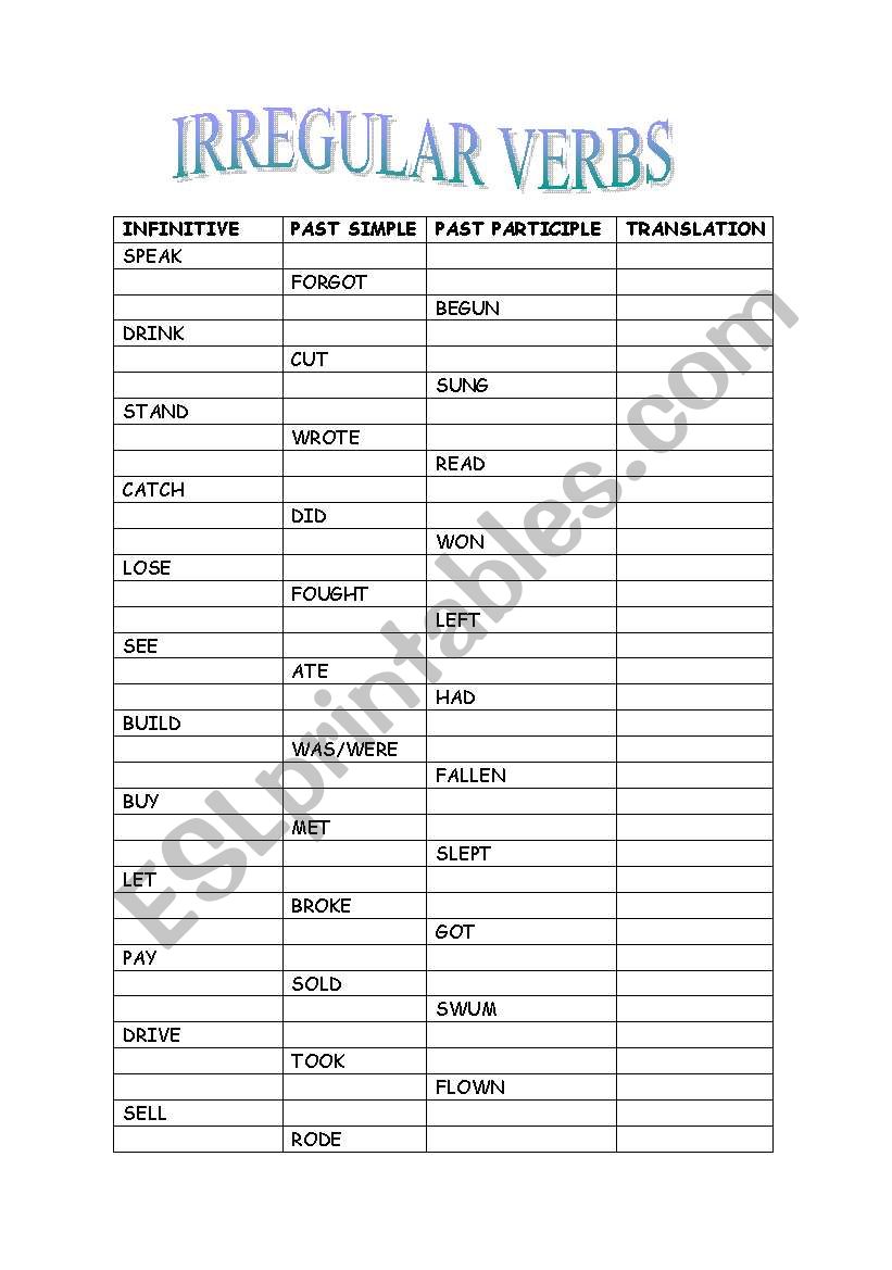 Irregular verbs worksheet