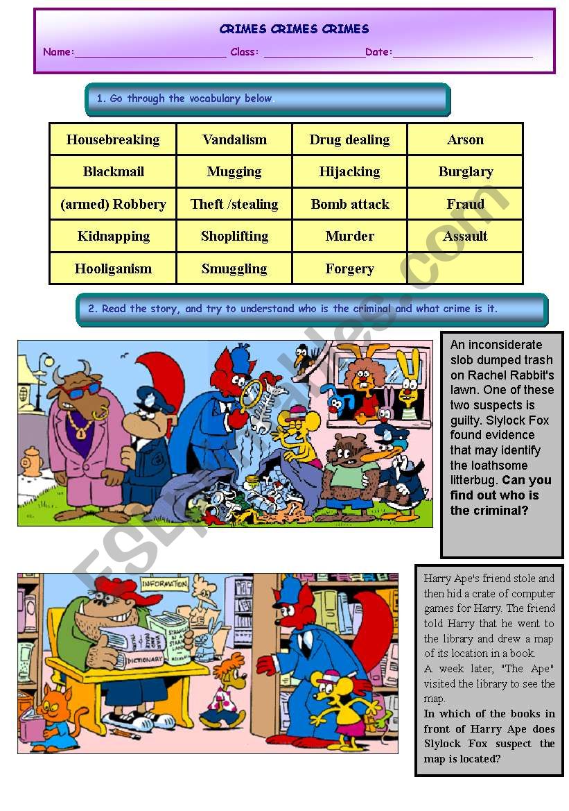 Types of crimes worksheet