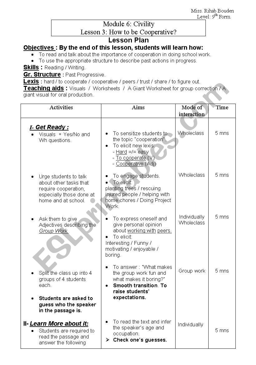 How to be cooperative worksheet