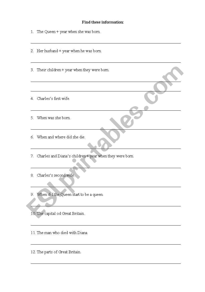 Royal family worksheet