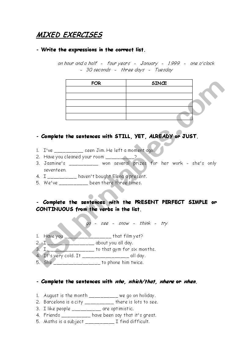 Mixed exercises worksheet